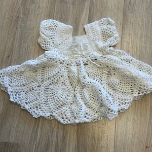 Vtg Handmade White Crochet Baby Dress Ribbon Ties Christening baptism 6-12month